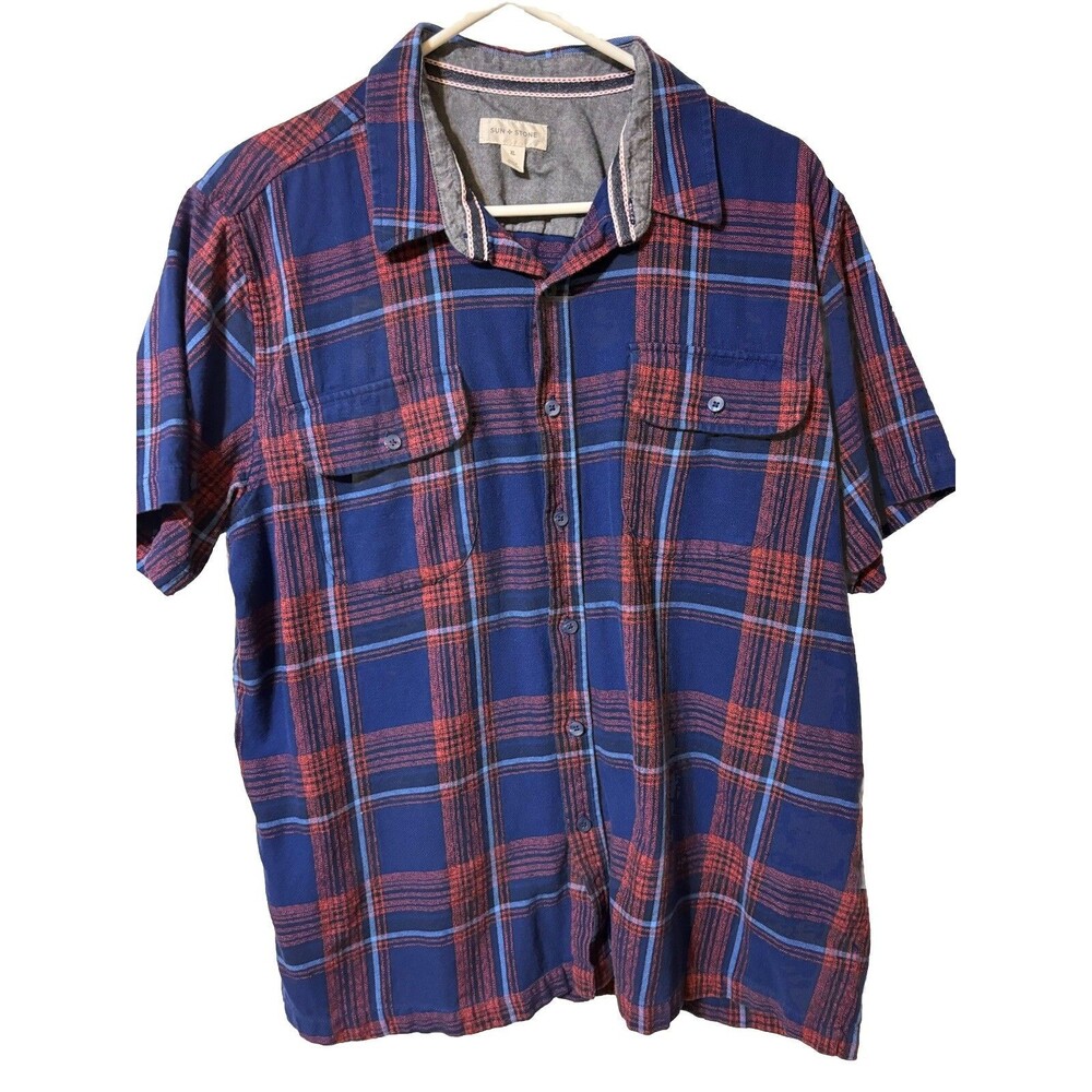 Sun+stone Men’s Shirt Size XL Button Up Short Sleeve Blue With Red Blue Stripes
